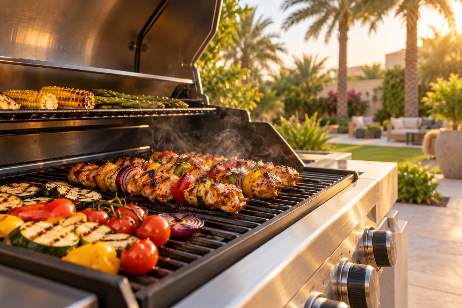 Skewers cooking on an outdoor gas barbecue in a sunny garden